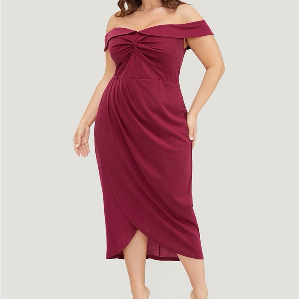 BloomChic Burgundy Twist Front Pleated Detail Off Shoulder Dress Plus Size 1X